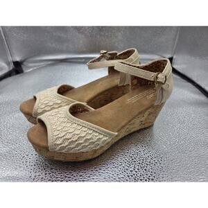 Toms Cork Wedge Beige Cotton Straps Platform Sling Back Shoes Sandals 6.5